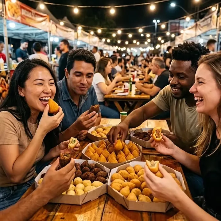 Pessoas em uma festa compartilhando salgadinhos