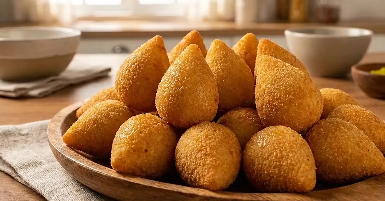 Travessa com coxinhas artesanais douradas